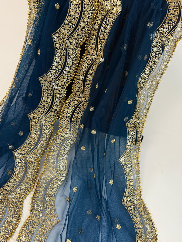 Teal Blue Color Net Dupatta with Gold Zari, Sequin and Bead  | Sequin Dupatta | Indian Dupatta for Lehanga | Weddding, Party Wear Dupatta