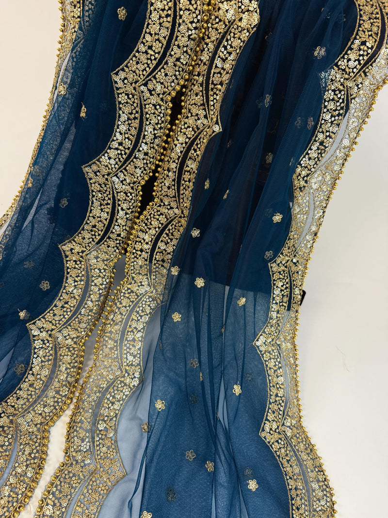 Teal Blue Color Net Dupatta with Gold Zari, Sequin and Bead  | Sequin Dupatta | Indian Dupatta for Lehanga | Weddding, Party Wear Dupatta