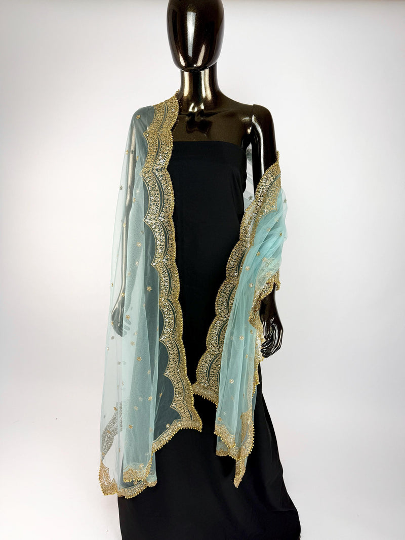 Aqua Blue Color Net Dupatta with Gold Zari, Sequin and Bead | Sequin Dupatta | Indian Dupatta for Lehanga | Weddding, Party Wear Dupatta