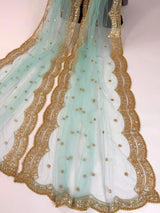 Aqua Blue Color Net Dupatta with Gold Zari, Sequin and Bead | Sequin Dupatta | Indian Dupatta for Lehanga | Weddding, Party Wear Dupatta