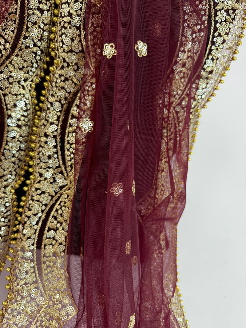 Deep Maroon Color Net Dupatta with Zari, Sequin and Beads | Sequin Dupatta | Sequin Dupattas | Indian Dupatta for Lehanga