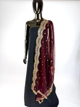 Deep Maroon Color Net Dupatta with Zari, Sequin and Beads | Sequin Dupatta | Sequin Dupattas | Indian Dupatta for Lehanga