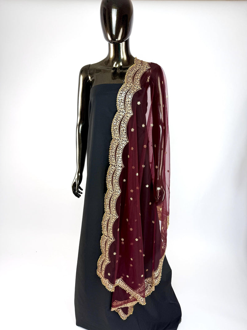 Deep Maroon Color Net Dupatta with Zari, Sequin and Beads | Sequin Dupatta | Sequin Dupattas | Indian Dupatta for Lehanga