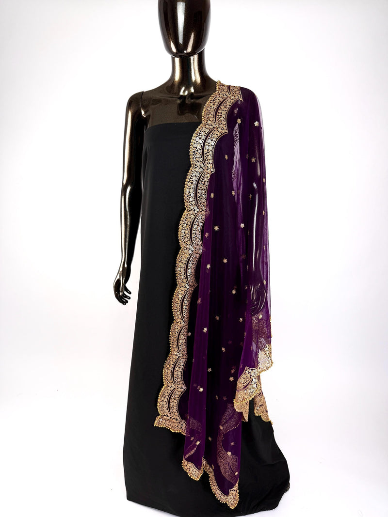 Purple Color Net Dupatta with Zari, Sequin and Beads | Purple Net Dupatta | Sequin Dupatta | Sequin Dupattas | Indian Dupatta for Lehanga
