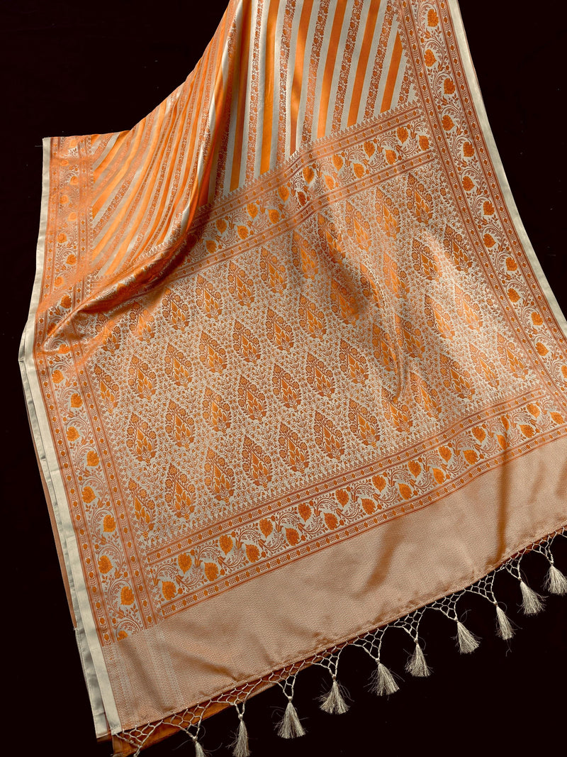Beige Gold with Copper and Mustard Gold Striped Saree |  Banarasi Mashru Soft Silk with Tanchoi Saree and Jamawar Pallu | Resham Zari Weaved