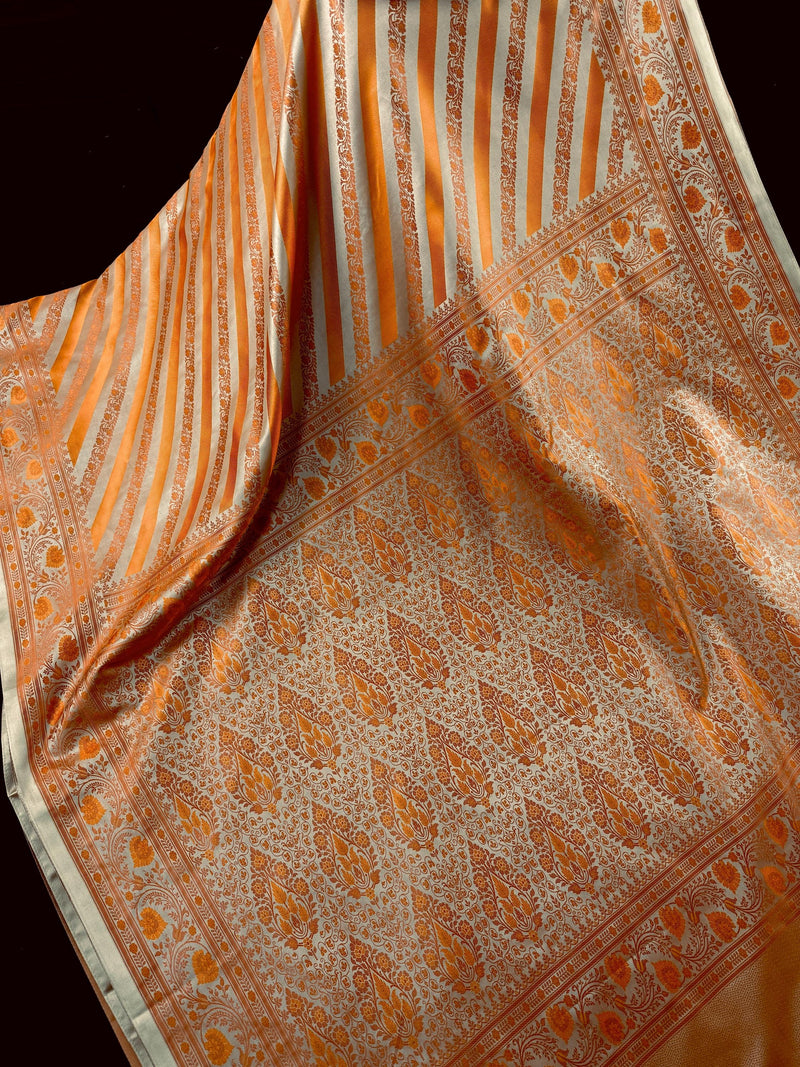 Beige Gold with Copper and Mustard Gold Striped Saree |  Banarasi Mashru Soft Silk with Tanchoi Saree and Jamawar Pallu | Resham Zari Weaved
