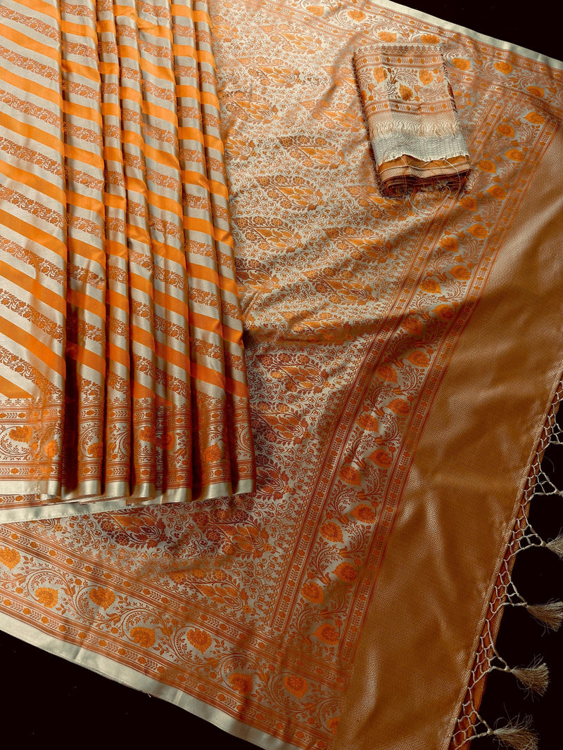Beige Gold with Copper and Mustard Gold Striped Saree |  Banarasi Mashru Soft Silk with Tanchoi Saree and Jamawar Pallu | Resham Zari Weaved