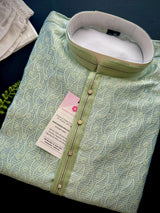 Designer Pastel Sea Green Men's Kurta with bottom with Embossed Embroidery Work | Kurta Sets for Wedding and Parties