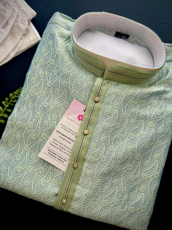 Designer Pastel Sea Green Men's Kurta with bottom with Embossed Embroidery Work | Kurta Sets for Wedding and Parties