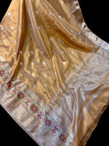 Statement Gold Color Banarasi Tissue Saree with Temple Border | Light Weight Tissue Sarees | Tissue Silk Sarees | Ships from California