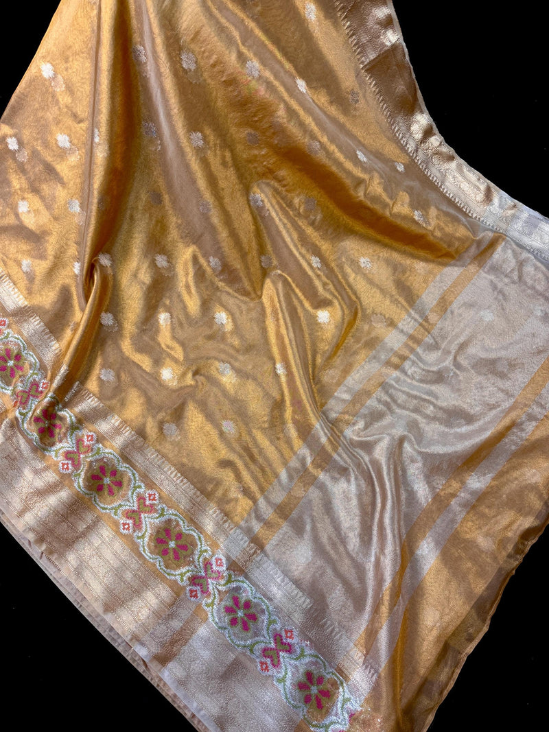 Statement Gold Color Banarasi Tissue Saree with Temple Border | Light Weight Tissue Sarees | Tissue Silk Sarees | Ships from California