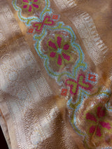 Statement Gold Color Banarasi Tissue Saree with Temple Border | Light Weight Tissue Sarees | Tissue Silk Sarees | Ships from California