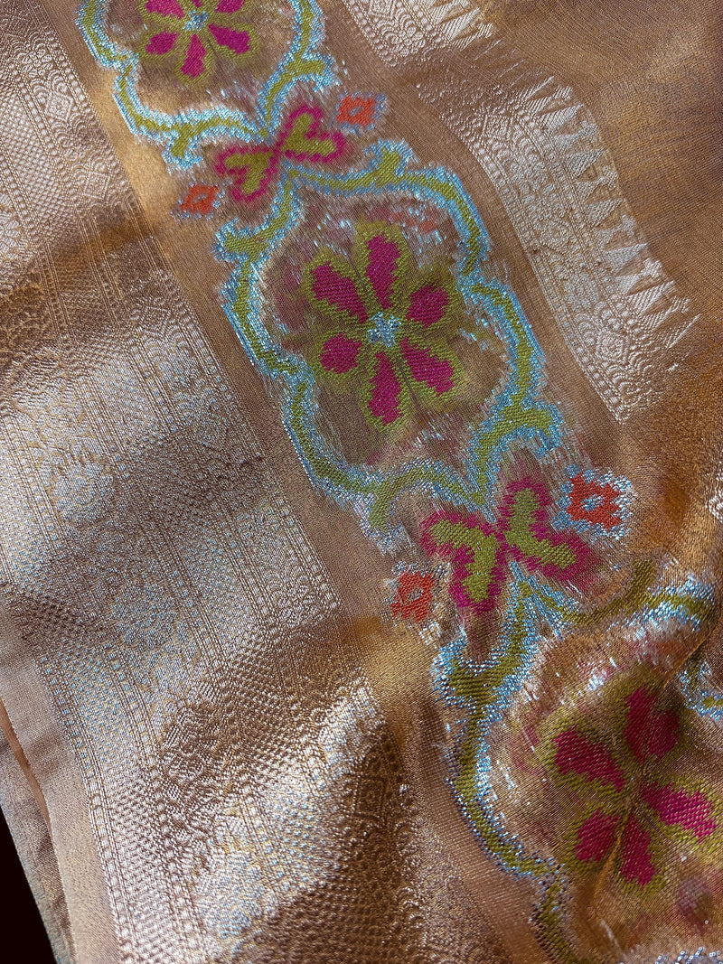 Statement Gold Color Banarasi Tissue Saree with Temple Border | Light Weight Tissue Sarees | Tissue Silk Sarees | Ships from California