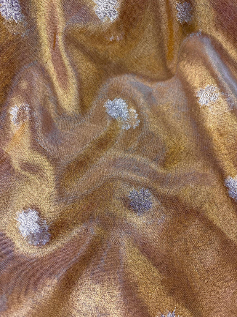 Statement Gold Color Banarasi Tissue Saree with Temple Border | Light Weight Tissue Sarees | Tissue Silk Sarees | Ships from California