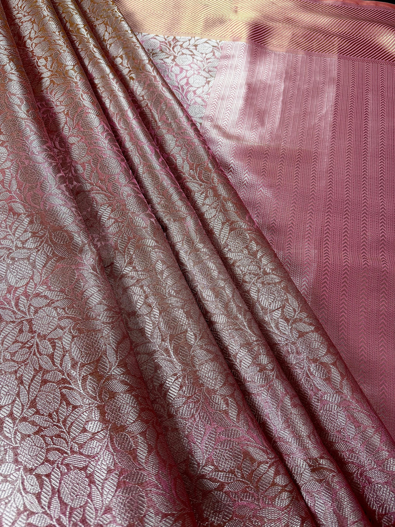 Statement Handmade Pink Color Dual shade Banarasi Brocade Pattu Tissue Silk Saree with Sliver Zari Weave | Brocade Tissue Silk Saree
