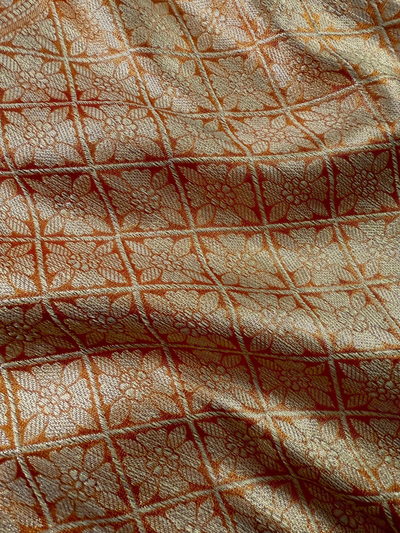 Statement Copper Color Banarasi Satin Tissue Silk Saree with Floral Jaal Weave in Muted Gold Zari | Copper Color Saree | Satin Tissue Sarees