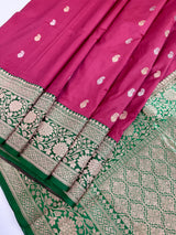 Cheery Pink Pure Katan Silk Saree with Green Color Border and Pallu | Pure Silk Sarees | SILK MARK CERTIFIED