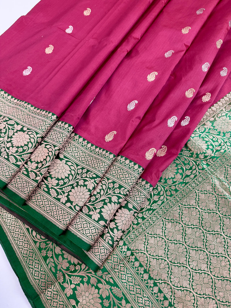 Cheery Pink Pure Katan Silk Saree with Green Color Border and Pallu | Pure Silk Sarees | SILK MARK CERTIFIED