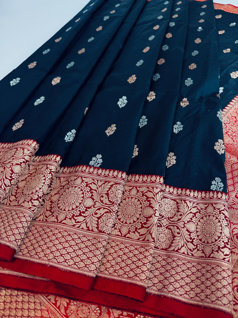 Black Pure Katan Silk Saree with Red Color Border and Pallu | Pure Silk Sarees | SILK MARK CERTIFIED