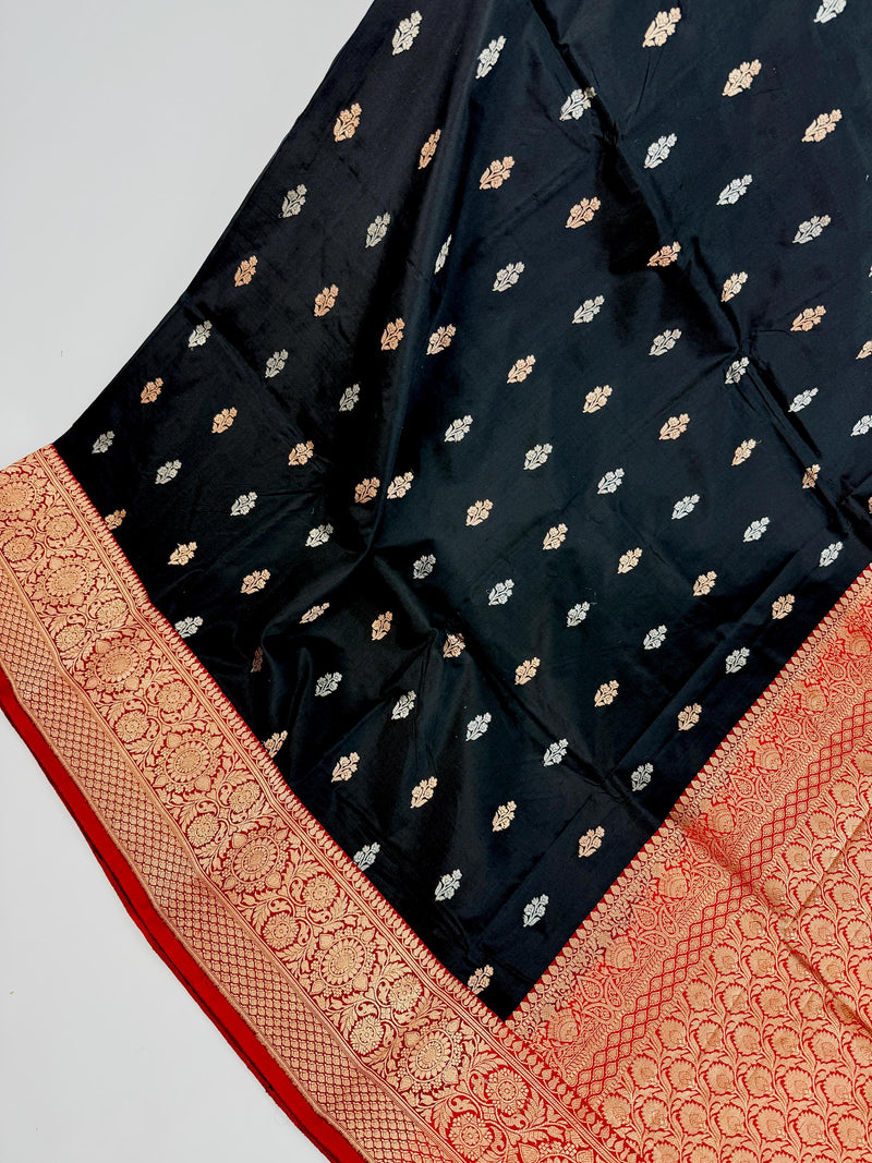 Black Pure Katan Silk Saree with Red Color Border and Pallu | Pure Silk Sarees | SILK MARK CERTIFIED
