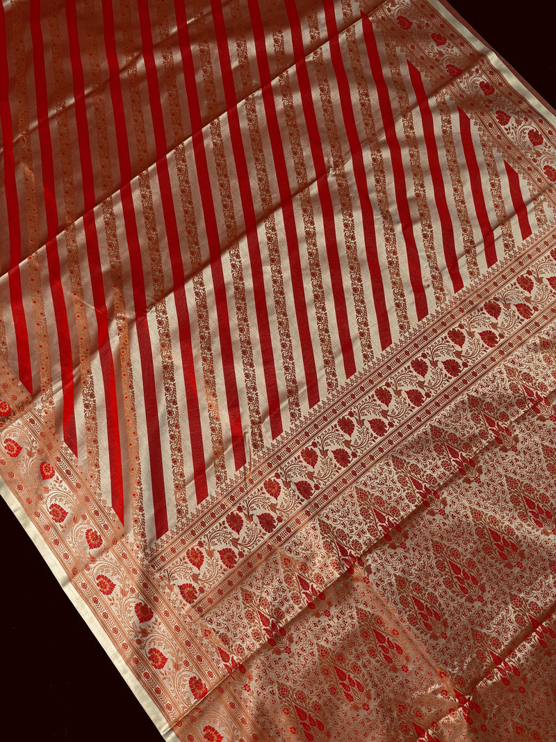 Red with Copper Base Striped Saree |  Banarasi Mashru Soft Silk with Tanchoi Saree and Jamawar Pallu | Resham Zari Weaved
