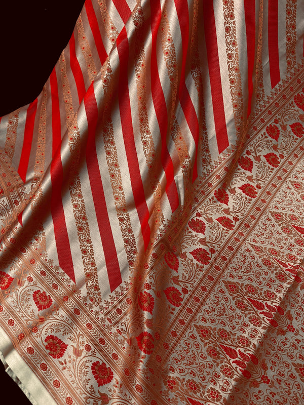 Red with Copper Base Striped Saree |  Banarasi Mashru Soft Silk with Tanchoi Saree and Jamawar Pallu | Resham Zari Weaved