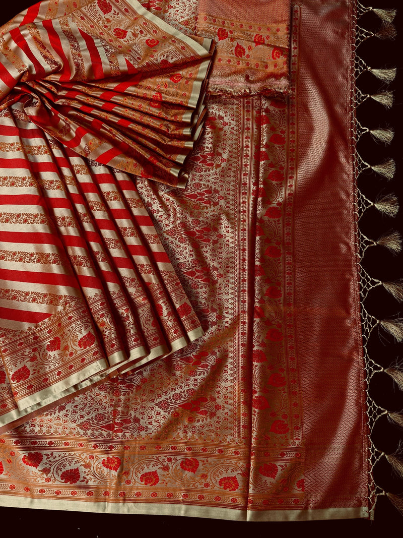 Red with Copper Base Striped Saree |  Banarasi Mashru Soft Silk with Tanchoi Saree and Jamawar Pallu | Resham Zari Weaved
