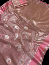 Dusty Rose Pink Color Soft Tissue Kora Silk Saree with Banarasi Borders and Pallu | Copper and Sliver Leaves Buttas | Ships from California