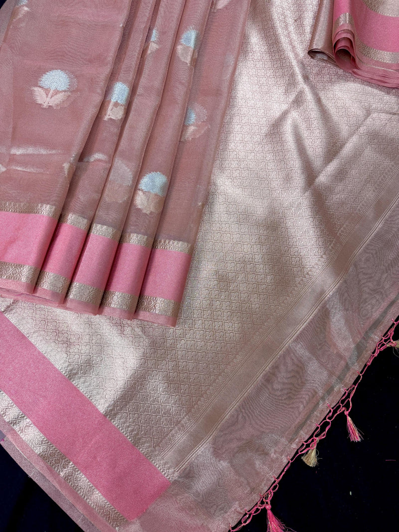 Dusty Rose Pink Color Soft Tissue Kora Silk Saree with Banarasi Borders and Pallu | Copper and Sliver Leaves Buttas | Ships from California