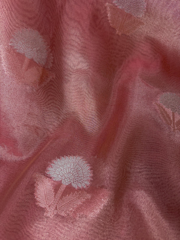 Dusty Rose Pink Color Soft Tissue Kora Silk Saree with Banarasi Borders and Pallu | Copper and Sliver Leaves Buttas | Ships from California