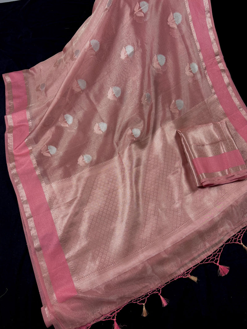 Dusty Rose Pink Color Soft Tissue Kora Silk Saree with Banarasi Borders and Pallu | Copper and Sliver Leaves Buttas | Ships from California