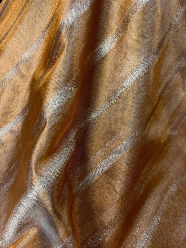Statement Handmade Gold Color Banarasi Tissue Saree | Light Weight Zari Striped Tissue Sarees | Tissue Silk Sarees | Ships from California