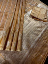 Statement Handmade Gold Color Banarasi Tissue Saree | Light Weight Zari Striped Tissue Sarees | Tissue Silk Sarees | Ships from California