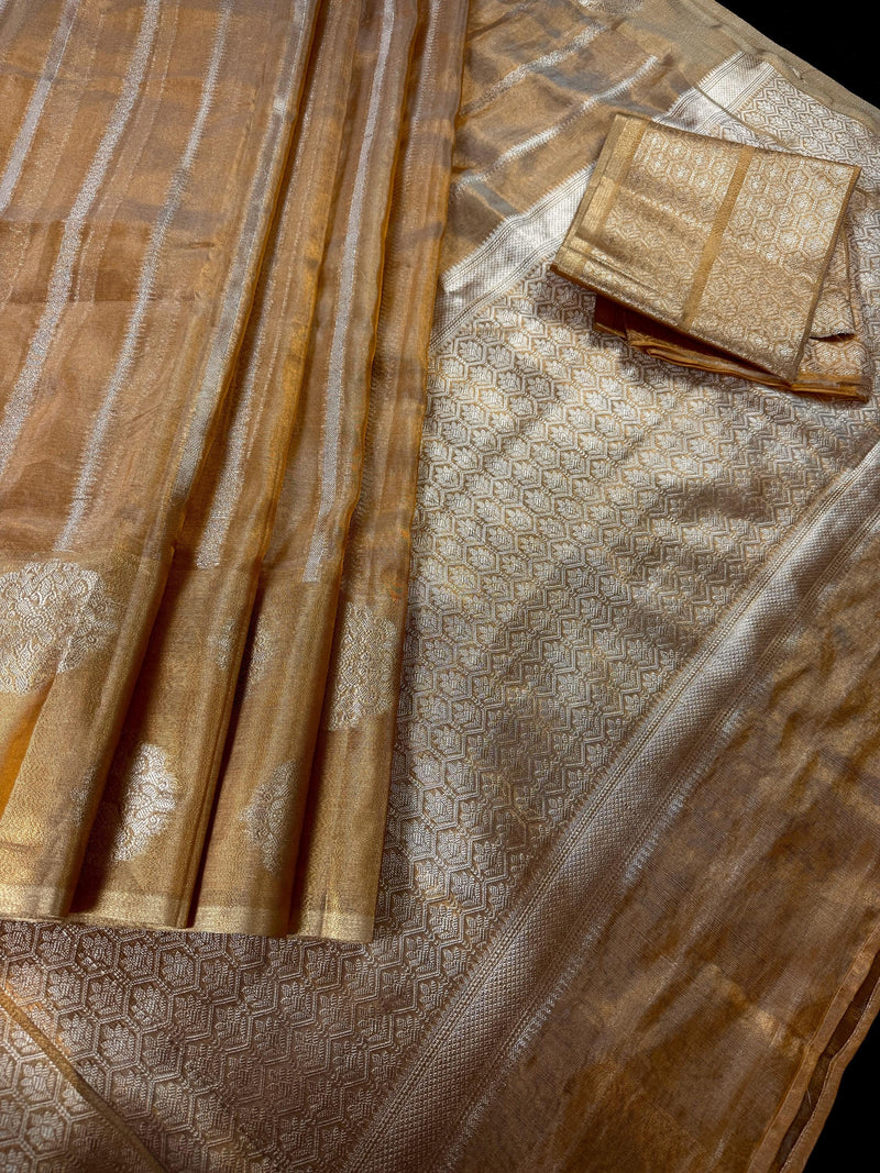 Statement Handmade Gold Color Banarasi Tissue Saree | Light Weight Zari Striped Tissue Sarees | Tissue Silk Sarees | Ships from California