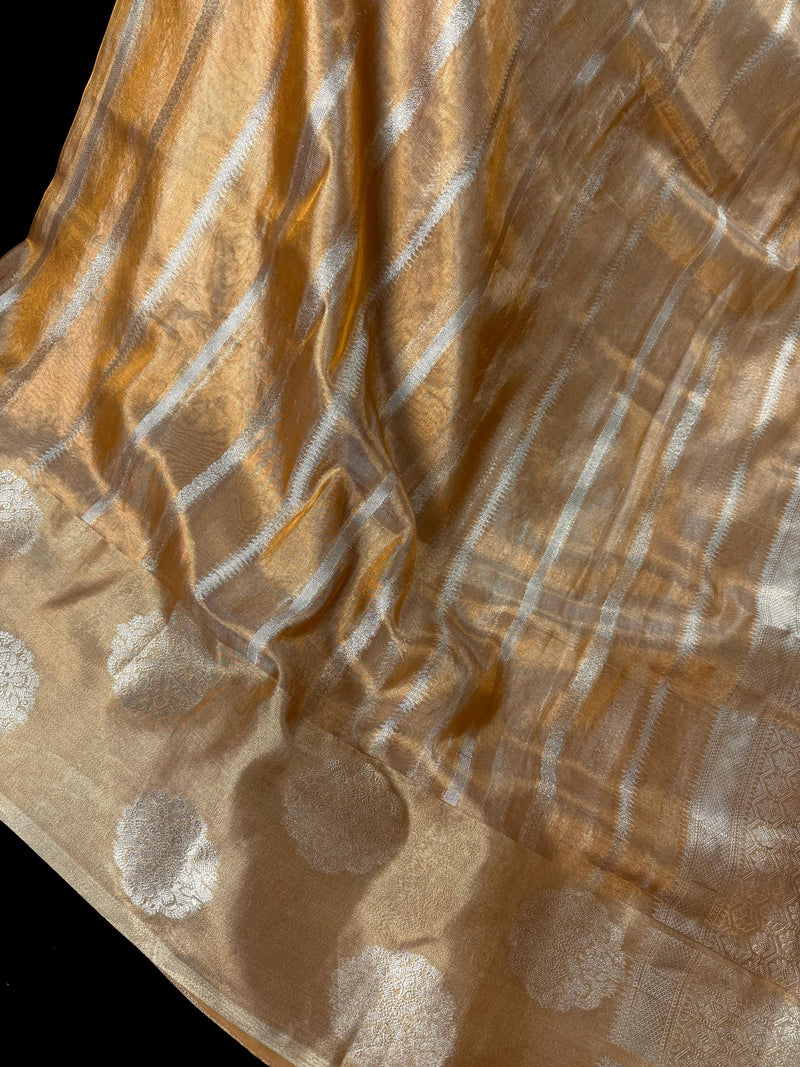Statement Handmade Gold Color Banarasi Tissue Saree | Light Weight Zari Striped Tissue Sarees | Tissue Silk Sarees | Ships from California