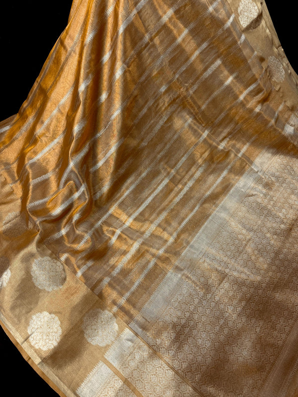 Statement Handmade Gold Color Banarasi Tissue Saree | Light Weight Zari Striped Tissue Sarees | Tissue Silk Sarees | Ships from California
