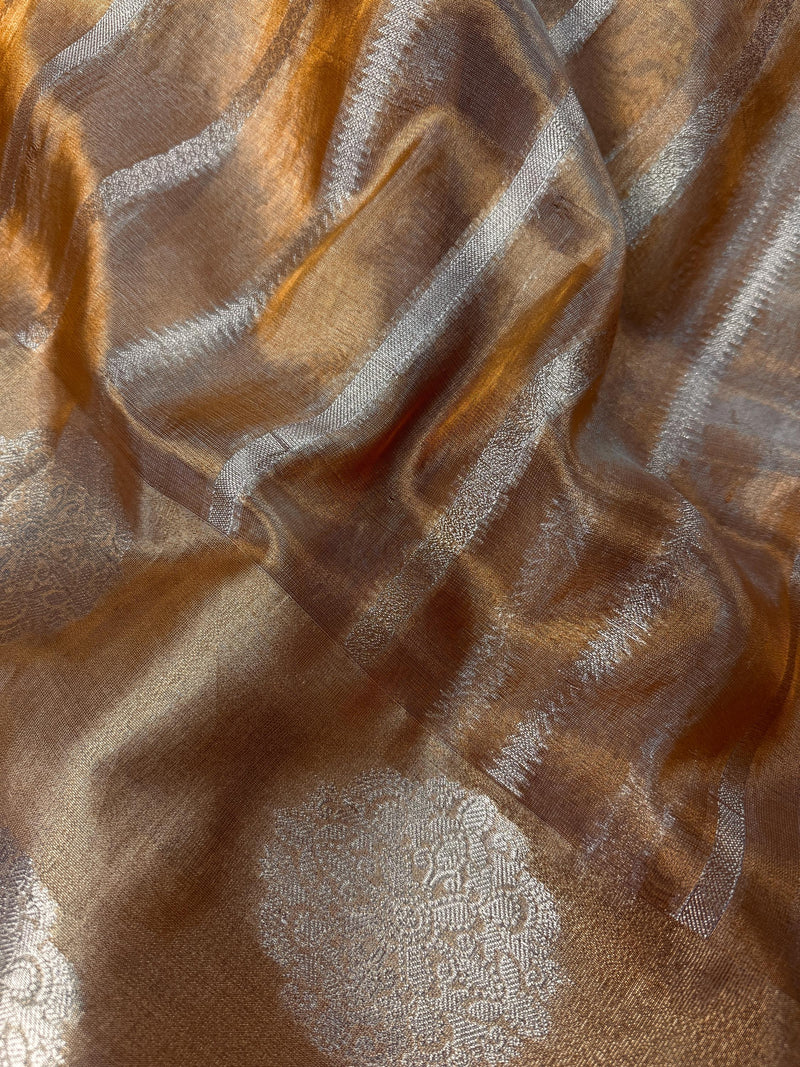 Statement Handmade Gold Color Banarasi Tissue Saree | Light Weight Zari Striped Tissue Sarees | Tissue Silk Sarees | Ships from California