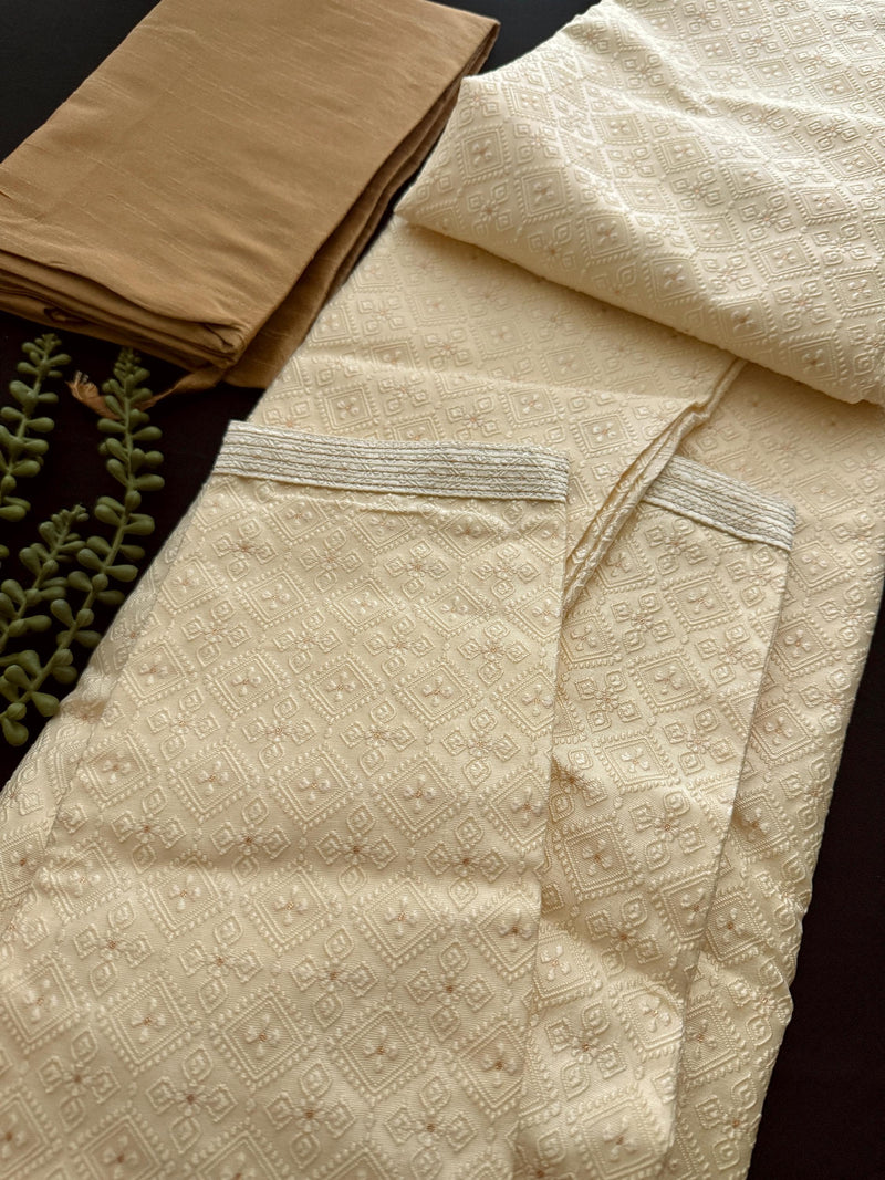 Cream Color Men Kurta Pajama with Embossed Embroidery and Zari | Sherwani Style Kurta  | Wedding Kurtas | Kurta Store USA