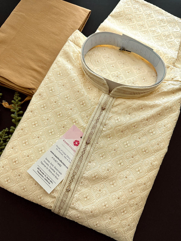 Cream Color Men Kurta Pajama with Embossed Embroidery and Zari | Sherwani Style Kurta  | Wedding Kurtas | Kurta Store USA