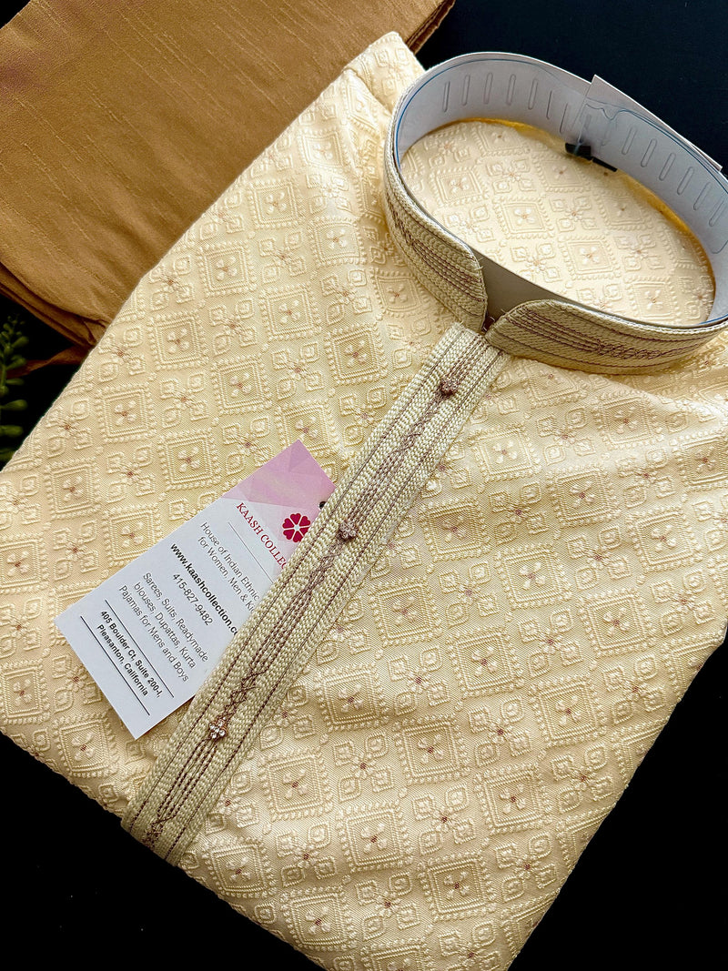 Cream Color Men Kurta Pajama with Embossed Embroidery and Zari | Sherwani Style Kurta  | Wedding Kurtas | Kurta Store USA