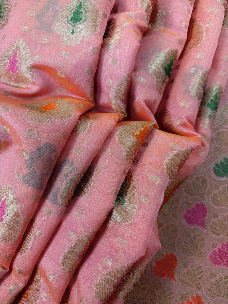 Peach Pink Color Semi Banarasi Silk Saree with Buttas and Meenakari Weaving with Brocade Blouse | Banarasi Sarees | Gift for Her