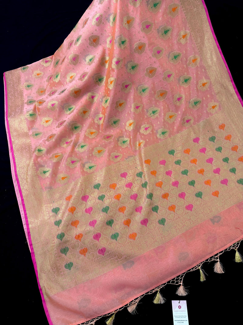 Peach Pink Color Semi Banarasi Silk Saree with Buttas and Meenakari Weaving with Brocade Blouse | Banarasi Sarees | Gift for Her