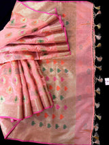 Peach Pink Color Semi Banarasi Silk Saree with Buttas and Meenakari Weaving with Brocade Blouse | Banarasi Sarees | Gift for Her