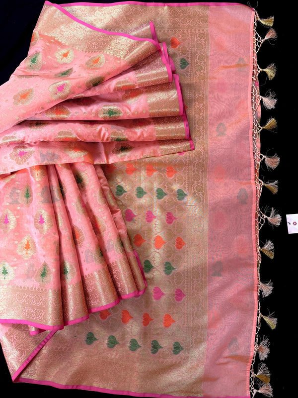 Peach Pink Color Semi Banarasi Silk Saree with Buttas and Meenakari Weaving with Brocade Blouse | Banarasi Sarees | Gift for Her