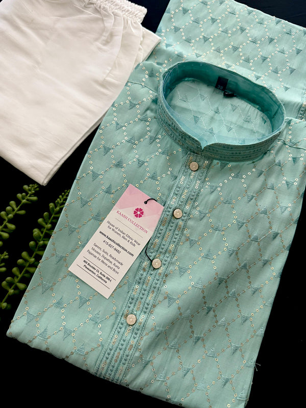 Pastel Sea Green Designer Kurta with Emberiodery and Sequins | Pastel Color Mens Kurta | Wedding and Party Wear Kurta