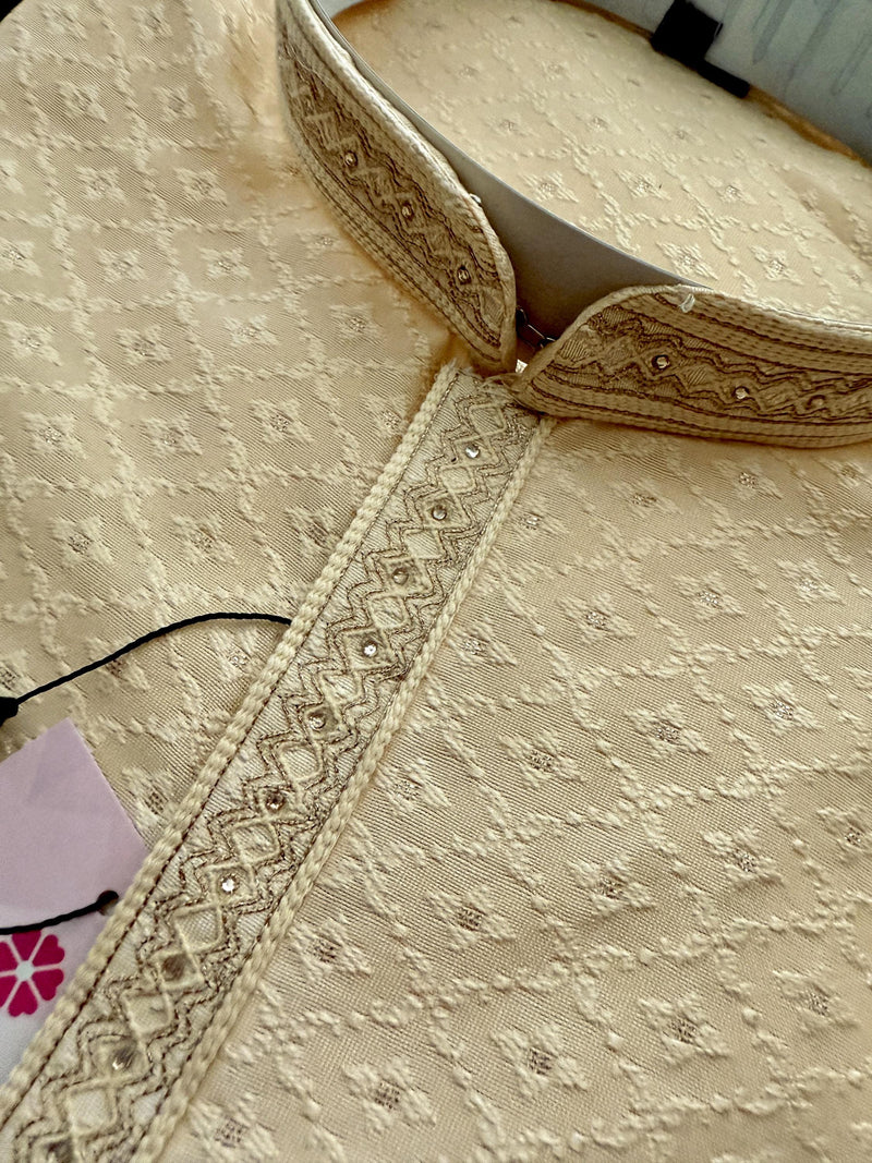 Cream Color Soft Silk Self Embeeriodery Men Kurta Pajama with Self Design material with small Zari Weave butti | Mens Ethnic Wear