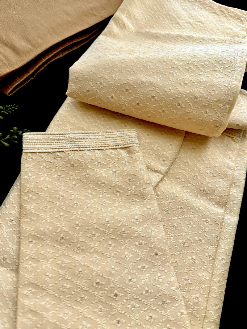Cream Color Soft Silk Self Embeeriodery Men Kurta Pajama with Self Design material with small Zari Weave butti | Mens Ethnic Wear