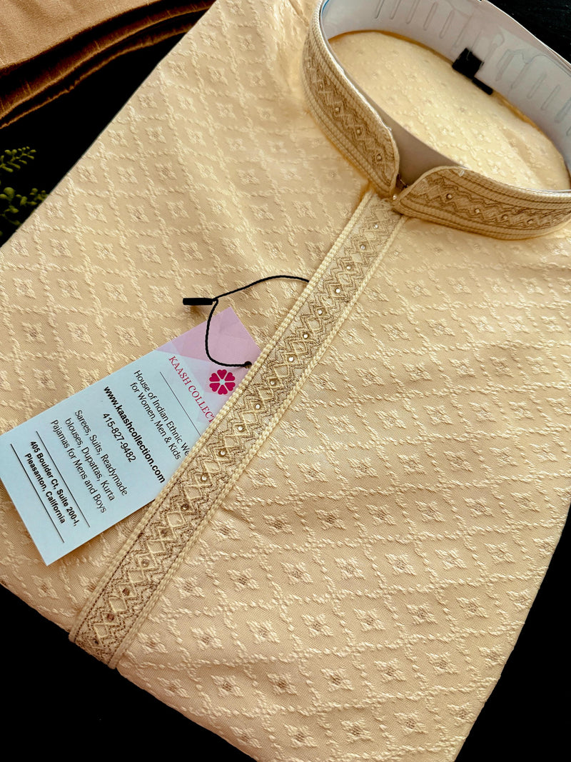 Cream Color Soft Silk Self Embeeriodery Men Kurta Pajama with Self Design material with small Zari Weave butti | Mens Ethnic Wear
