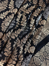 Statement Black Banarasi Silk Saree with Muted Copper & Silver Zari Jaal Buttas | Black Color Party Wear Sarees | Ships from California
