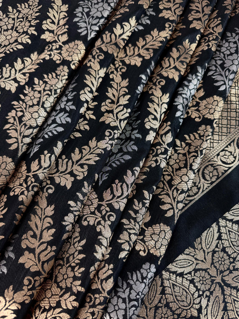 Statement Black Banarasi Silk Saree with Muted Copper & Silver Zari Jaal Buttas | Black Color Party Wear Sarees | Ships from California
